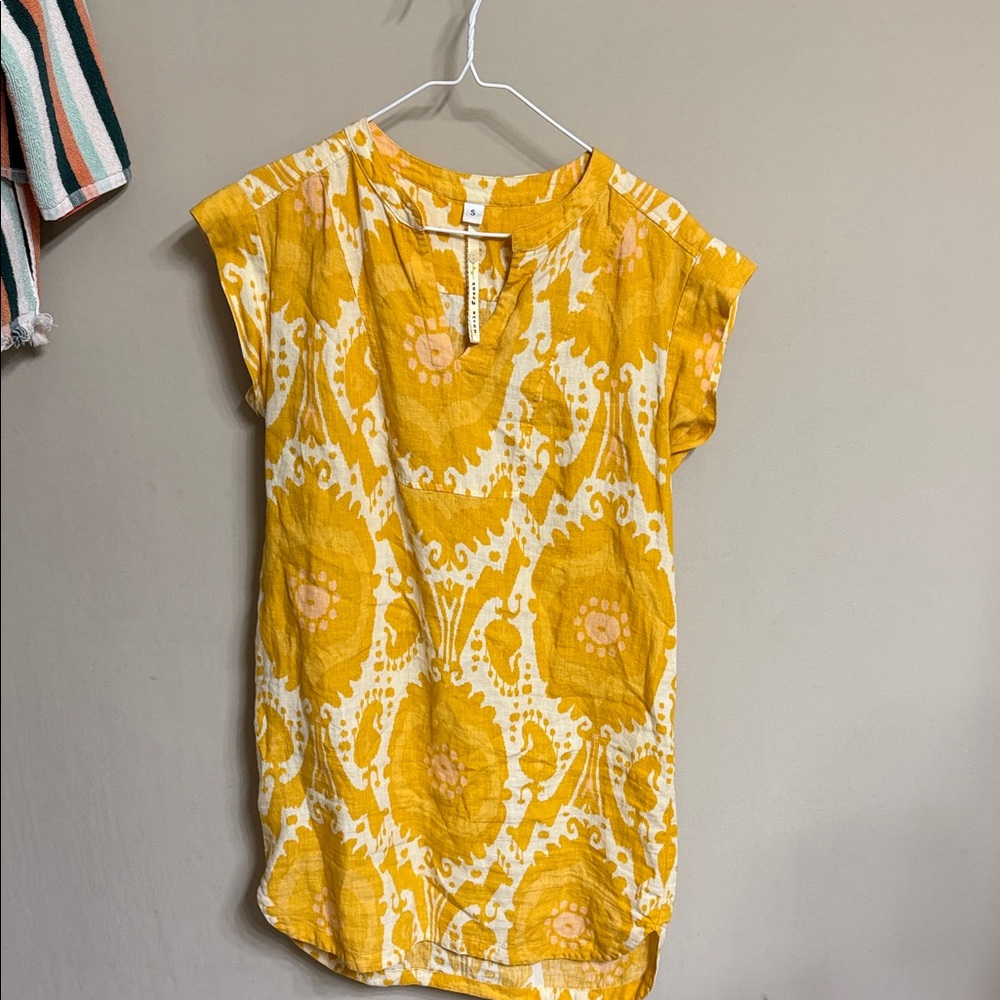Uncle Frank Mustard and Cream cap sleeve linen dress. Sz S. - Picture 6 of 6